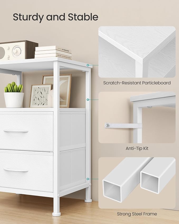 SONGMICS Nightstand, Bed Side Table, End Table with 2 Drawers and 1 Open Shelf, Industrial, Set of 2, Cloud White, BELLAH Collection ULGS062W101S