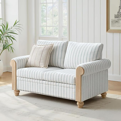 Farmhouse Loveseat with Rolled Arms,Stripe Modern Sofa with Brushed Wood Gourd Feet & Copper Nailhead Trim, Linen Fabric Upholstered Couches for Living Room, Blue
