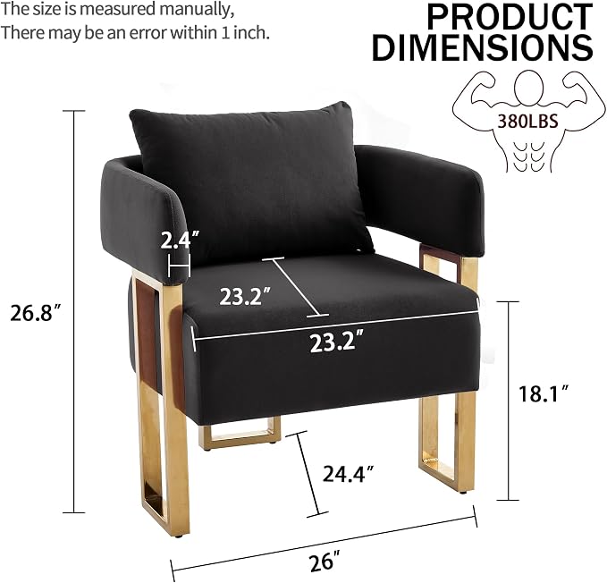 YISHENG Modern Barrel Accent Chairs Set of 2, Living Room Side Chairs with Golden Metal Legs Velvet Upholstered Reading Armchairs no Wheels for Vanity/Reception Room//Bedroom/Lounge/Office, Black