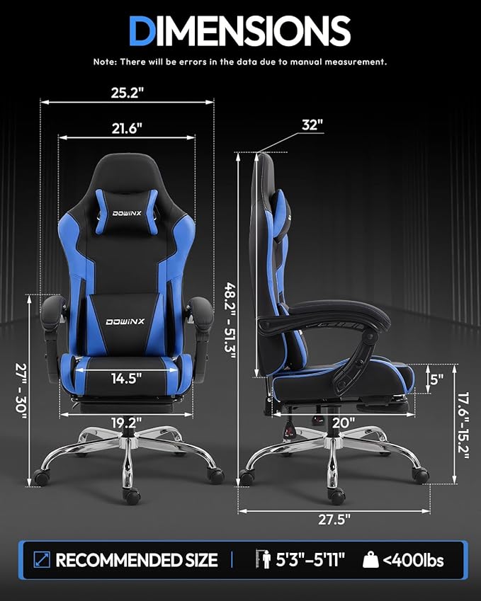 Dowinx Ergonomic Gaming Chair with Footrest & Massage Lumbar, 2D-Linkage Armrests for Computer Chair 330lbs with Headrest Pillow for Office, Home, Streaming and Long Gaming Sessions, Blue