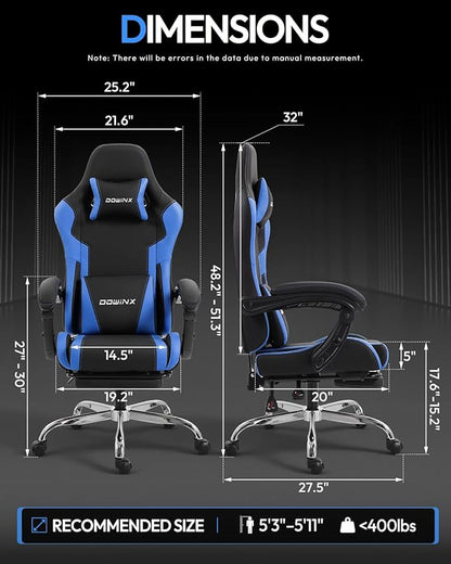 Dowinx Ergonomic Gaming Chair with Footrest & Massage Lumbar, 2D-Linkage Armrests for Computer Chair 330lbs with Headrest Pillow for Office, Home, Streaming and Long Gaming Sessions, Blue