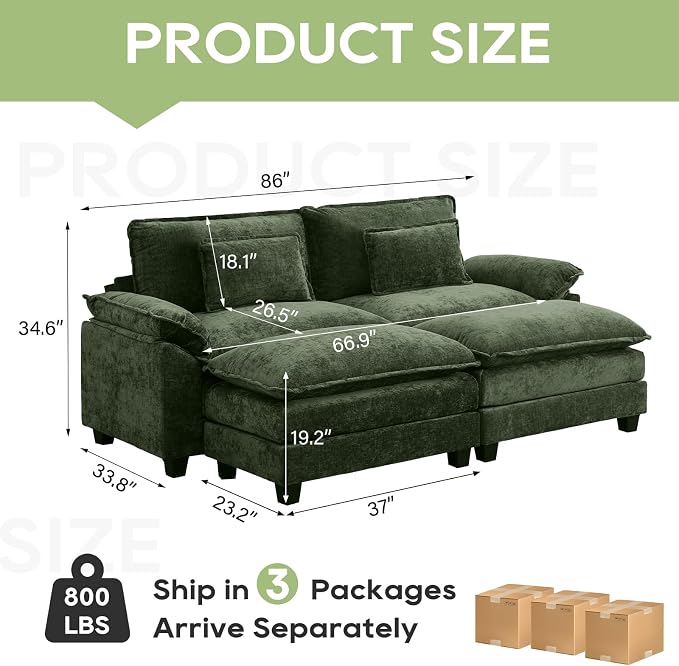 Oprisen 86" Modular Sectional Sofa, Comfy Cloud Couch Sectional Sofa with Ottoman, Chenille Sofa Sleeper Deep Seat Sofa with Throw Pillows for Living Room (Green)
