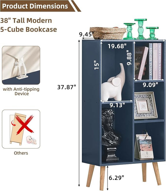 LEYAOYAO 5 Cube Bookshelf 3-Tier Bookcase with Legs,Mint Dark Blue Kids Book Shelf Cute Storage Organizer,Free Standing Open Toy Shelves Wood Bookshelves,Display Bookcases for Bedroom,Living Room