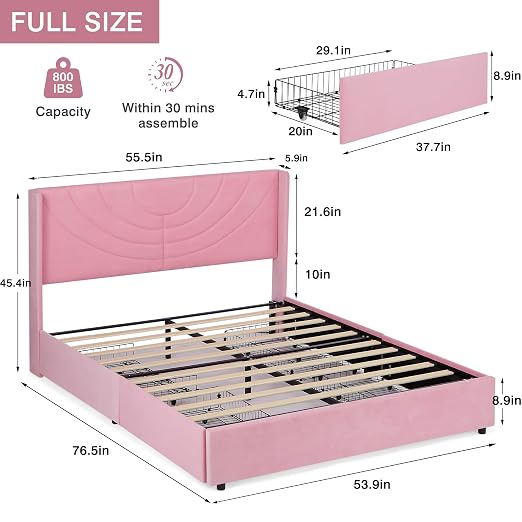 VECELO Full Bed Frame Upholstered Platform with 4 Drawers&Fabric Headboard,Wooden Slats Support/No Box Spring Needed/Mattress Foundation,Pink
