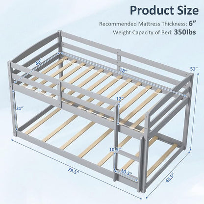 KOMFOTT Low Bunk Bed Twin Over Twin, Solid Wood Bunk Bed Frame with Built-in Ladder & Safety Guardrails, Space-Saving Low Bunk Bed for Kids, Teens, No Box Spring Needed
