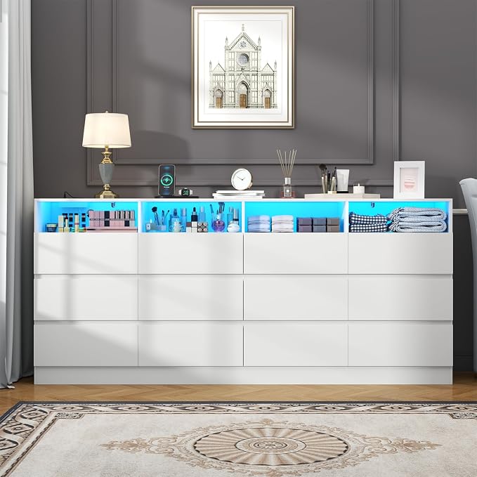 Gyfimoie 6-Drawer Dresser with Divided Compartments, Charging Station & LED Lights, 63" Wide TV Stand for TVs up to 75", Large Organizer with 4 Open Cubbies (White, 6 Drawers)
