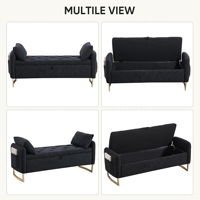 48" End of Bed Bench, Modern Storage Benches with Button-Tufted, Chenille Upholstered Storage Ottoman Bench for Foot of Bed with Arms, Gold Legs Window and Entryway, Black