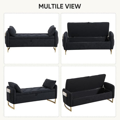 48" End of Bed Bench, Modern Storage Benches with Button-Tufted, Chenille Upholstered Storage Ottoman Bench for Foot of Bed with Arms, Gold Legs Window and Entryway, Black