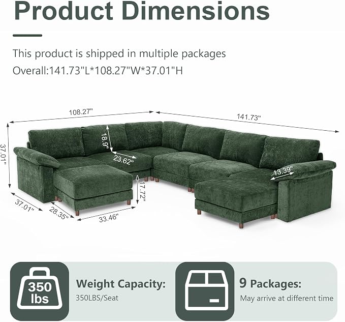 Oversized L Shaped Sectional Couch for Living Room, Extra Large Deep Seat Modular Sectional Sofa with Washable Covers, Modern Cloud Couch for Apartment, Bedroom (Green, U Shape 8 Seat)