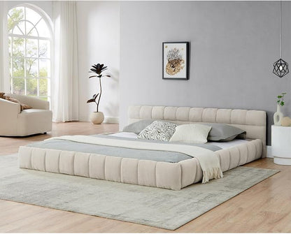 KEIKI King Thick Chenille Platform Bed Frame with Upholstered Tufted Headboard, Modern Solid Wood Floor Platform for Bedroom, No Box Spring Needed