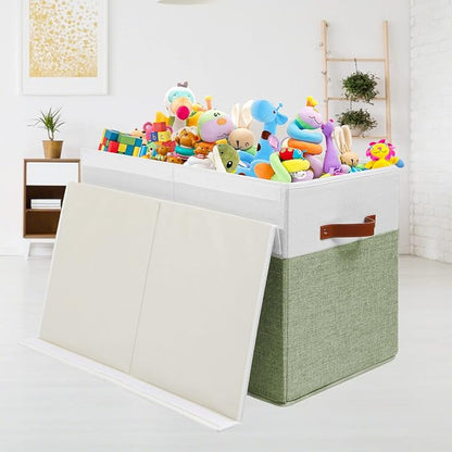 Gowee Large Toy Storage Box with Lid, Sturdy Toys Storage Chest Bin Organizer Basket with Dividers for Kids, Boys, Girls, Nursery, Closet, Bedroom, Playroom 25"x13" x16" (Green and White)