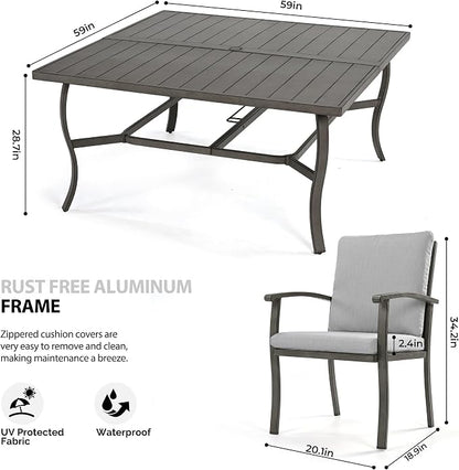 HAPPATIO 9 Piece Patio Dining Set, Aluminum Outdoor Dining Set for 8, 59" Large Square Dining Table with Umbrella Hole and 8 Chairs, Outdoor Table and Chairs for Lawn Yard Patio