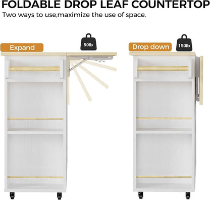 IRONCK Rolling Kitchen Island Table on Wheels with Drop Leaf, Storage Cabinet and Drawer, 52 in Kitchen Cart with Spice and Towel Rack for Kitchen, White