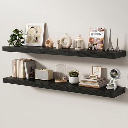 Floating Shelves for Wall, 55 Inch x 8 Inch Deep Wall Mounted Wood Shelf with Invisible Brackets for Storage & Display, Living Room Bedroom Kitchen, Black, Set of 2