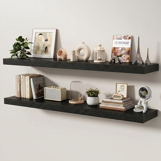 Floating Shelves for Wall, 55 Inch x 8 Inch Deep Wall Mounted Wood Shelf with Invisible Brackets for Storage & Display, Living Room Bedroom Kitchen, Black, Set of 2