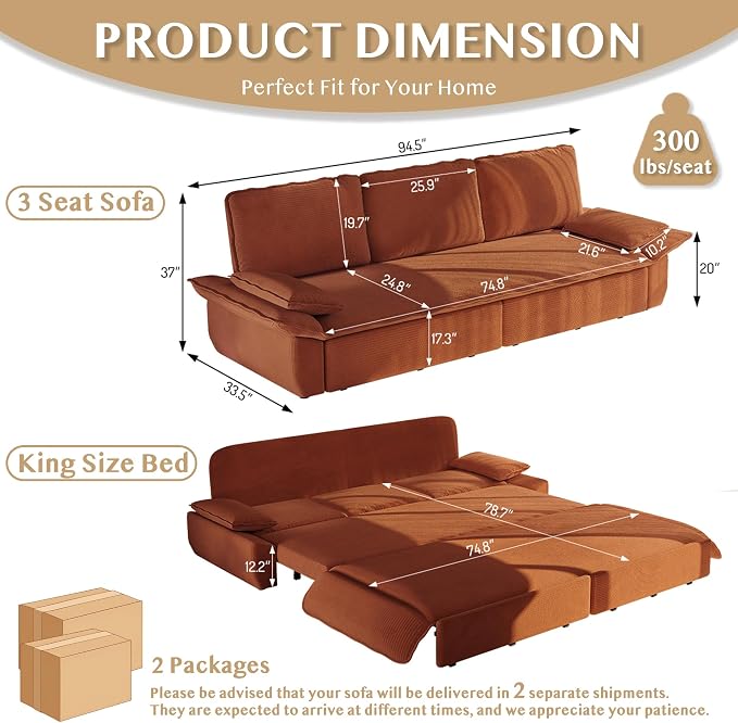 94.5'' Sleeper Sofa Bed King Size, Modern Corduroy Pull Out Couch, 3-in-1 Convertible Futon Sofa, 3 Seater Couches, Cloud Recliner, Pillow Arm, for Living Room, Apartment, Offices, RV, Orange