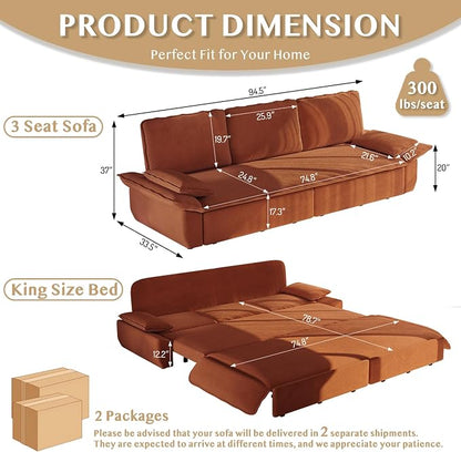 94.5'' Sleeper Sofa Bed King Size, Modern Corduroy Pull Out Couch, 3-in-1 Convertible Futon Sofa, 3 Seater Couches, Cloud Recliner, Pillow Arm, for Living Room, Apartment, Offices, RV, Orange