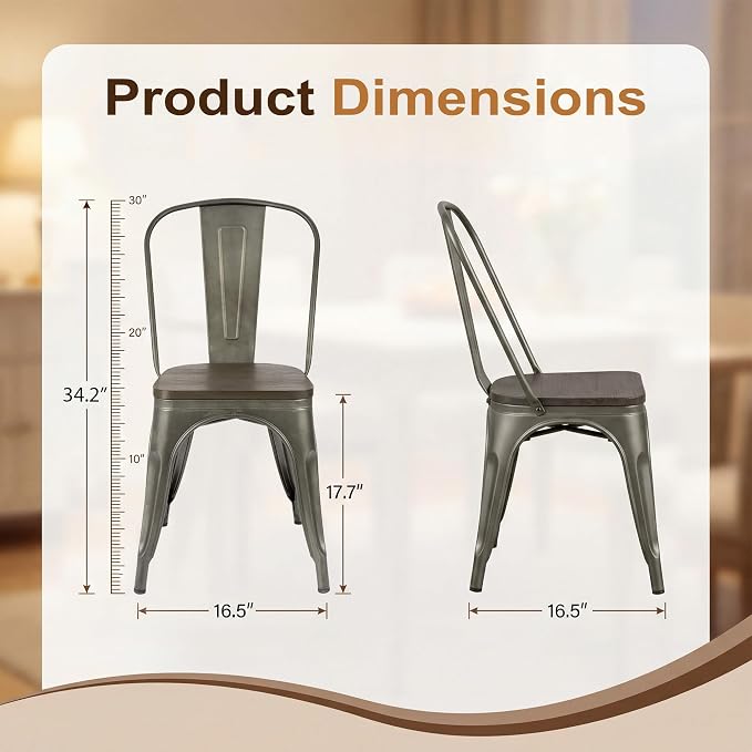 JUMMICO Metal Dining Chair Stackable Industrial Vintage Kitchen Chairs Indoor-Outdoor Bistro Cafe Side Chairs with Back and Wooden Seat Set of 4 (Gun)