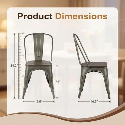 JUMMICO Metal Dining Chair Stackable Industrial Vintage Kitchen Chairs Indoor-Outdoor Bistro Cafe Side Chairs with Back and Wooden Seat Set of 4 (Gun)