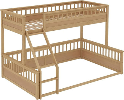 RUNNA Twin XL Over Queen Bunk Bed, Detachable, Ladder, Natural | Twin XL over queen bunk bed, detachable design, ladder, guardrails, solid wood frame, no box spring needed, rustic natural