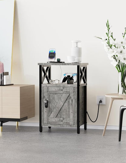 runjuly Wooden Nightstand with Lock, Bed Side Table with Drawers, Bedside Table with Charging Station, 3 USB & 2 Outlets, Night Stand with Cabinet Storage, End Tables for Bedroom, Ash Grey