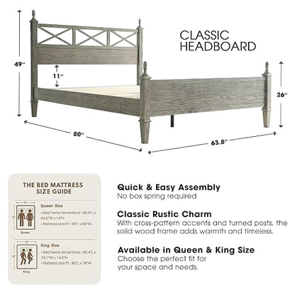 Queen Size Platform Bed Frame with Solid Wood Headboard & Footboard, Metal Legs, 12 Durable Slatted Base, No Box Spring Needed, Easy Assembly, Noise-Free & Anti-Slip, Weathered Gray Oak Finish RIQ-34