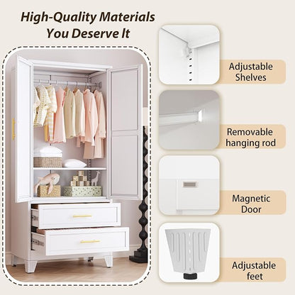 Metal Wardrobe Storage Cabinet with Mirror and Hanging Rod,71'' Metal Clothing Cabinet with 2 Doors and 2 Drawers and Adjustable Shelves for Bedroom, Laundry Room, Cloak Room (White)