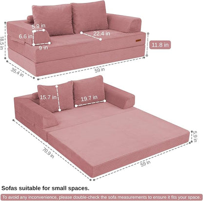 COMAX Futon Sofa Bed, Convertible Sofa Bed, Folding Boneless Couches | Boneless Couch for living room, 4‑in‑1 Fold Out Small Foldable Loveseat Floor Sleeper Mattress Lounge Space‑Saving, Pink