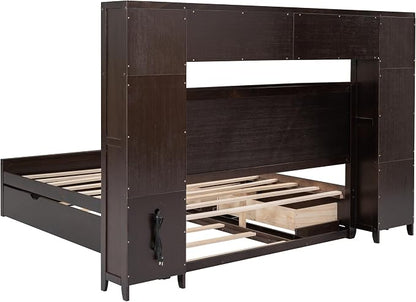 Merax Queen Size Wooden Bed with All-in-One Cabinet and Shelf, Espresso Platform Bed Frame with 2 Drawers, Trundle and Sockets