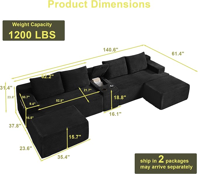 ivoros 140 Inch Modular Sectional Sofa Couch, Oversized Modern Cloud Couch for Living Room, U Shape Couches with 2 Ottomans and Cup Holders,Black Corduroy Boneless Sofas,Sofa in a Box