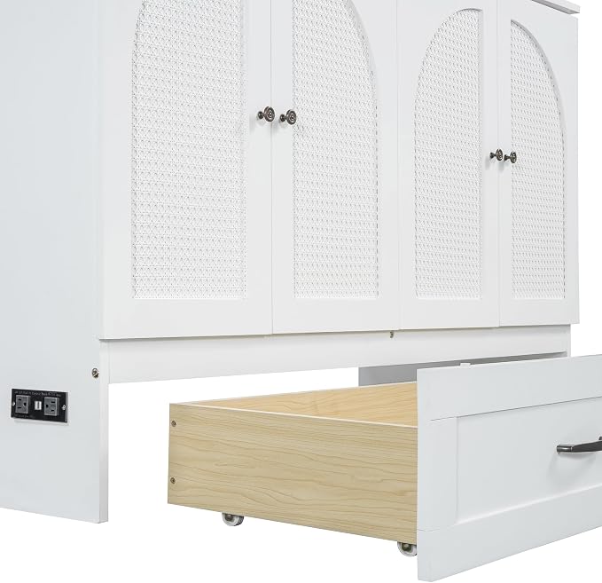 Ball & Cast Murphy Bed Queen Size Bedroom Folding Wall Cabinets Frame with Large Drawer and USB Ports,Hideaway Bed w/Tri-Fold Mattress Design,for Guest Room,Study,Office,White
