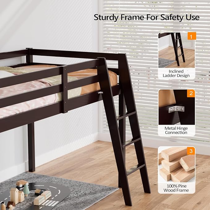 VINGLI 47'' Tall Junior Low Loft Bed with Stairs, Wood Loft Bed Twin Size for Adults, Kids and Young Teens, No Box Spring Required,Wood Slat Support, Espresso