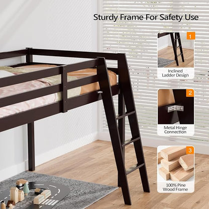 VINGLI 47'' Tall Junior Low Loft Bed with Stairs, Wood Loft Bed Twin Size for Adults, Kids and Young Teens, No Box Spring Required,Wood Slat Support, Espresso