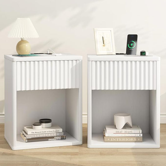 White Nightstands Set of 2 w/Charging Station, Wooden End Table Bed Side Table with Curved Drawer, Mid Century Modern Fluted Night Stand with Rounded Edge for Bedroom, Living Room