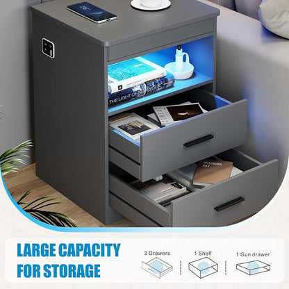 LED Night Stand with Gun Drawer, Bedside Table with Charger Station & Human Sensor Light, Modern End Table with Drawers for Bedroom Office, Grey
