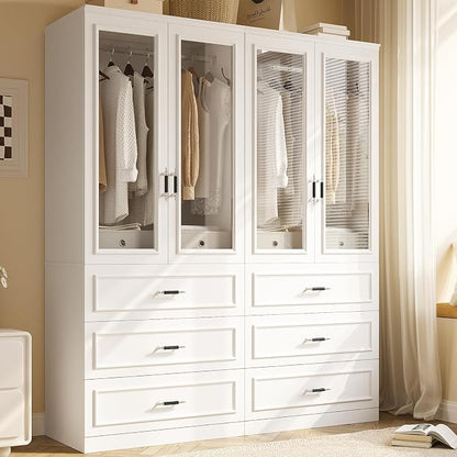 MEISSALIVVE Armoire Wardrobe Closet with 2 Door & 3 Drawers, 74.8" Large Wardrobe Cabinet with Hanging Rod, Freestanding Modern Bedroom Armoire Storage Cabinet, White