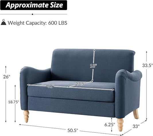 HULALA HOME 50.5" Loveseat Sofa with Stripe Pattern, 2 Seater Farmhouse Sofa with Rolled Wide Armrests and Rubber Wood Legs, Comfy Upholstered Small Couch for Living Room Bedroom, Navy
