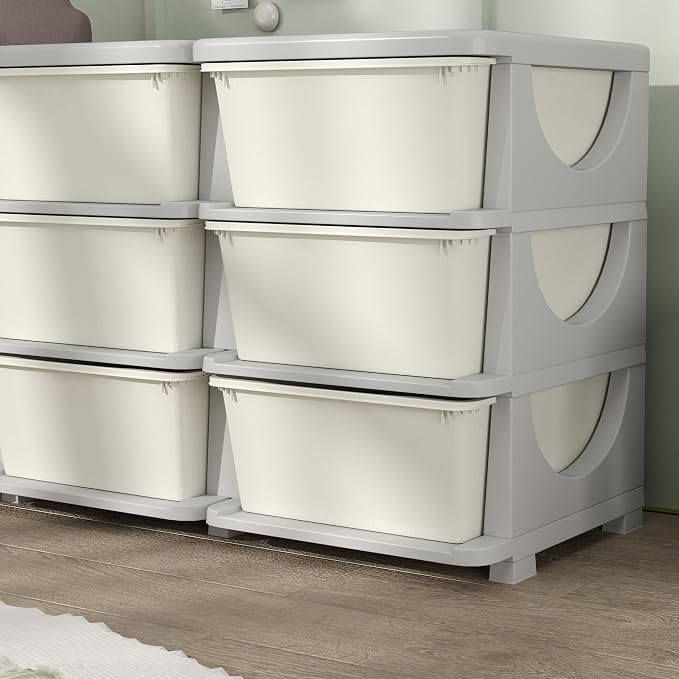 Qaba 3 Tier Kids Storage Unit, Toy Organizers and Storage with 9 Drawer Chest for Kids Bedroom Nursery Kindergarten Living Room for Boys Girls Toddlers, Cream White