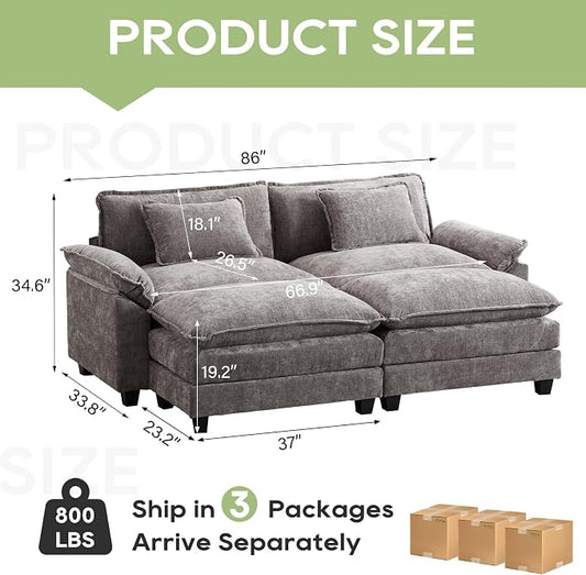 Oprisen 86" Modular Sectional Sofa, Comfy Cloud Couch Sectional Sofa with Ottomans, Chenille Sofa Sleeper Deep Seat Sofa with Throw Pillows for Living Room (Lgiht Grey)