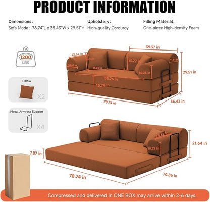 78.8" Boneless Memory Foam Couch, Corduroy Convertible Floor Sofa Bed, Fold-Out Sleeper Futon Loveseat, Wide Armrests & Supportive Back, 1200 lb, Couch in a Box, 2 Pillows, Orange