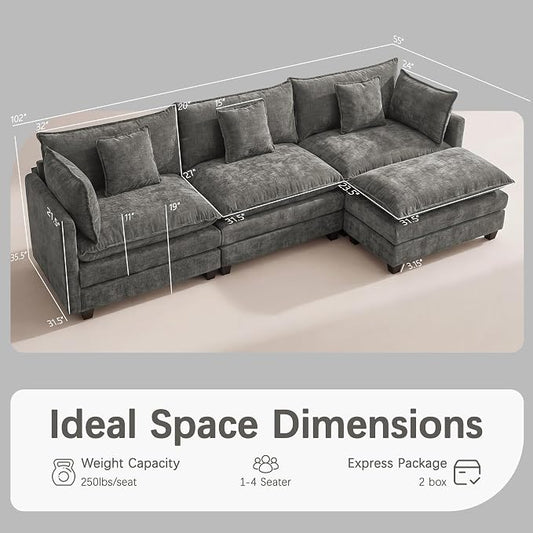 Modular Sectional Sofa for Living Room, 102" Oversized Cloud Couch with Movable Ottoman, 4 Seat Modern Comfy Sofa Chenille Deep Seat Couches with L Shape, for Office Bedroom Living Room