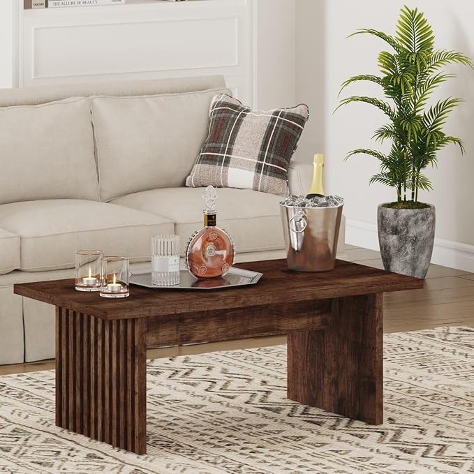 BON AUGURE Coffee Table for Living Room, 43Inch Farmhouse Wood Center Table, Rectangle Mid-Century Living Room Tables, Unique Fluted Panel Coffee Tables (Rustic Oak)