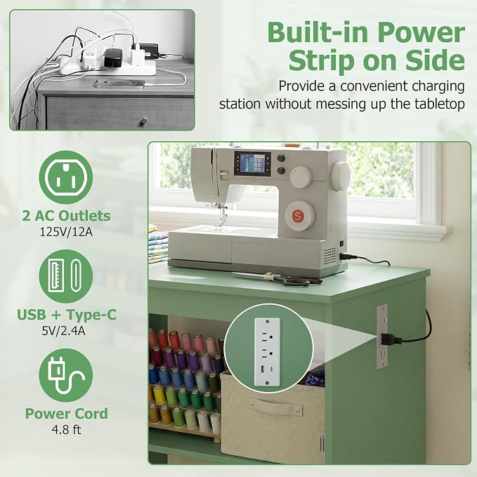 Giantex Folding Sewing Table with Charging Station, Rolling Craft Table with Storage Trays & Shelf, Foldable Sewing Machine Cabinet Desk with Lockable Wheels for Small Spaces (Sage)