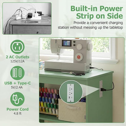 Giantex Folding Sewing Table with Charging Station, Rolling Craft Table with Storage Trays & Shelf, Foldable Sewing Machine Cabinet Desk with Lockable Wheels for Small Spaces (Sage)