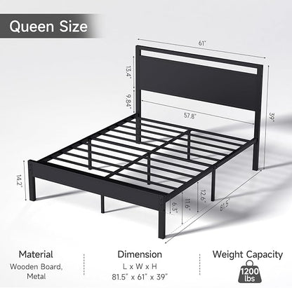 Z-hom Queen Bed Frame with Modern Wood Headboard & Footboard, Upgraded Heavy Duty Metal Sturdy Bed Frame Queen Size, Stable Platform Bed Furniture Bed Storage, No Noise, No Box Springs,Black
