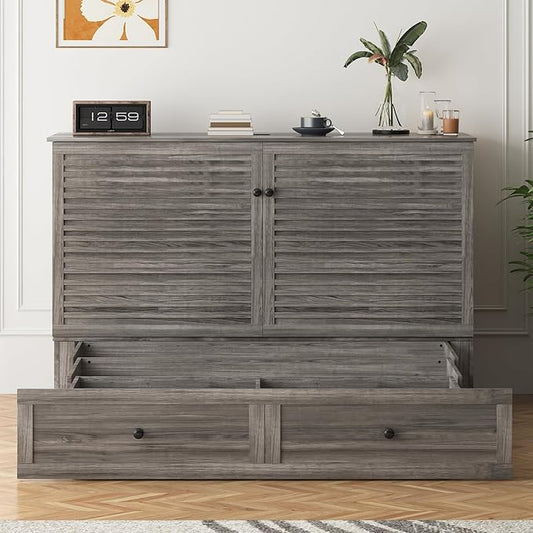 PUREMIND Queen Murphy Bed with Mattress Included, Murphy Bed Cabinet with Storage Drawer, Charging Station, Headboard, Space Saving Wall Beds for Guest Room
