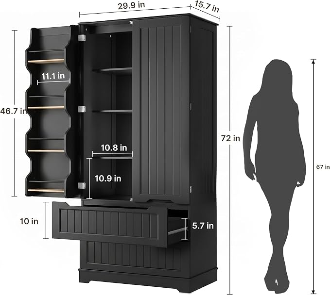 Gizoon 72" Tall Kitchen Pantry Cabinet with Drawers for Dining Room, Food Pantry Storage Cabinet with 8 Doors Shelves for Snack and Spice, Large Craft Storage Cabinet for Craft Room, Black, Painted