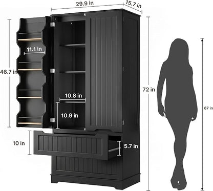 Gizoon 72" Tall Kitchen Pantry Cabinet with Drawers for Dining Room, Food Pantry Storage Cabinet with 8 Doors Shelves for Snack and Spice, Large Craft Storage Cabinet for Craft Room, Black, Painted