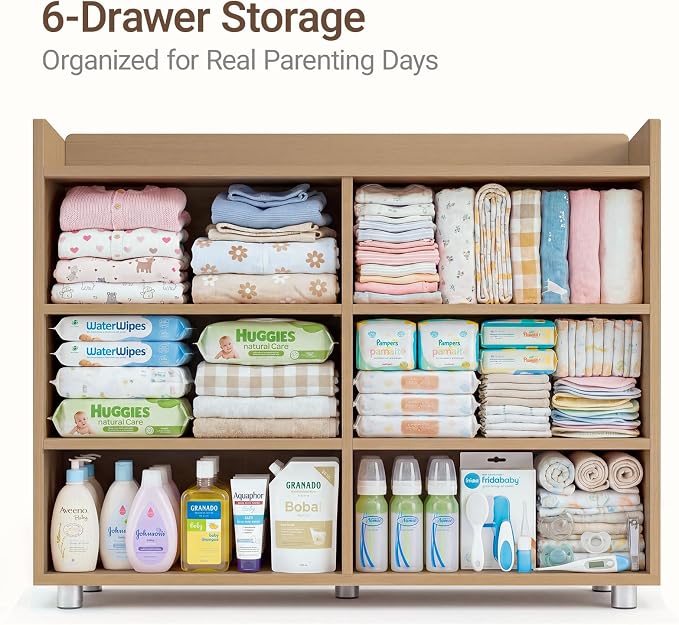 MAMAZING Keeva Pro 6-Drawer Baby Dresser with Changing Table, Easy Assembly | Walnut Wooden Nursery Dresser, Anti-Tip Design & Adjustable Feet, Dresser for Bedroom, Kids & Toddler Storage, 44" Wide