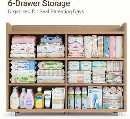 MAMAZING Keeva Pro 6-Drawer Baby Dresser with Changing Table, Easy Assembly | Walnut Wooden Nursery Dresser, Anti-Tip Design & Adjustable Feet, Dresser for Bedroom, Kids & Toddler Storage, 44" Wide